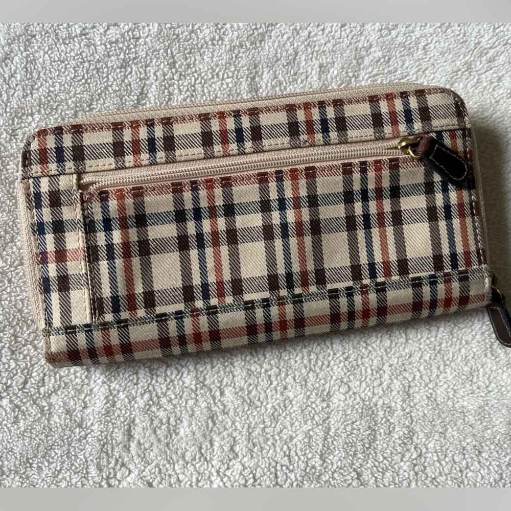 Villager Trifold Wallet, brown leather w brown red tan plaid. Cream interior - Picture 3 of 8
